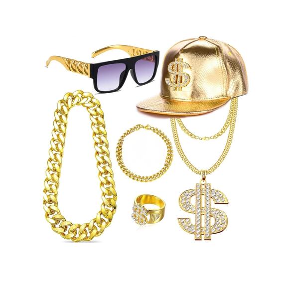80s 90s Hip Hop Costumes Outfit Kit Rapper Accessories gold chain Bling - Picture 1 of 13